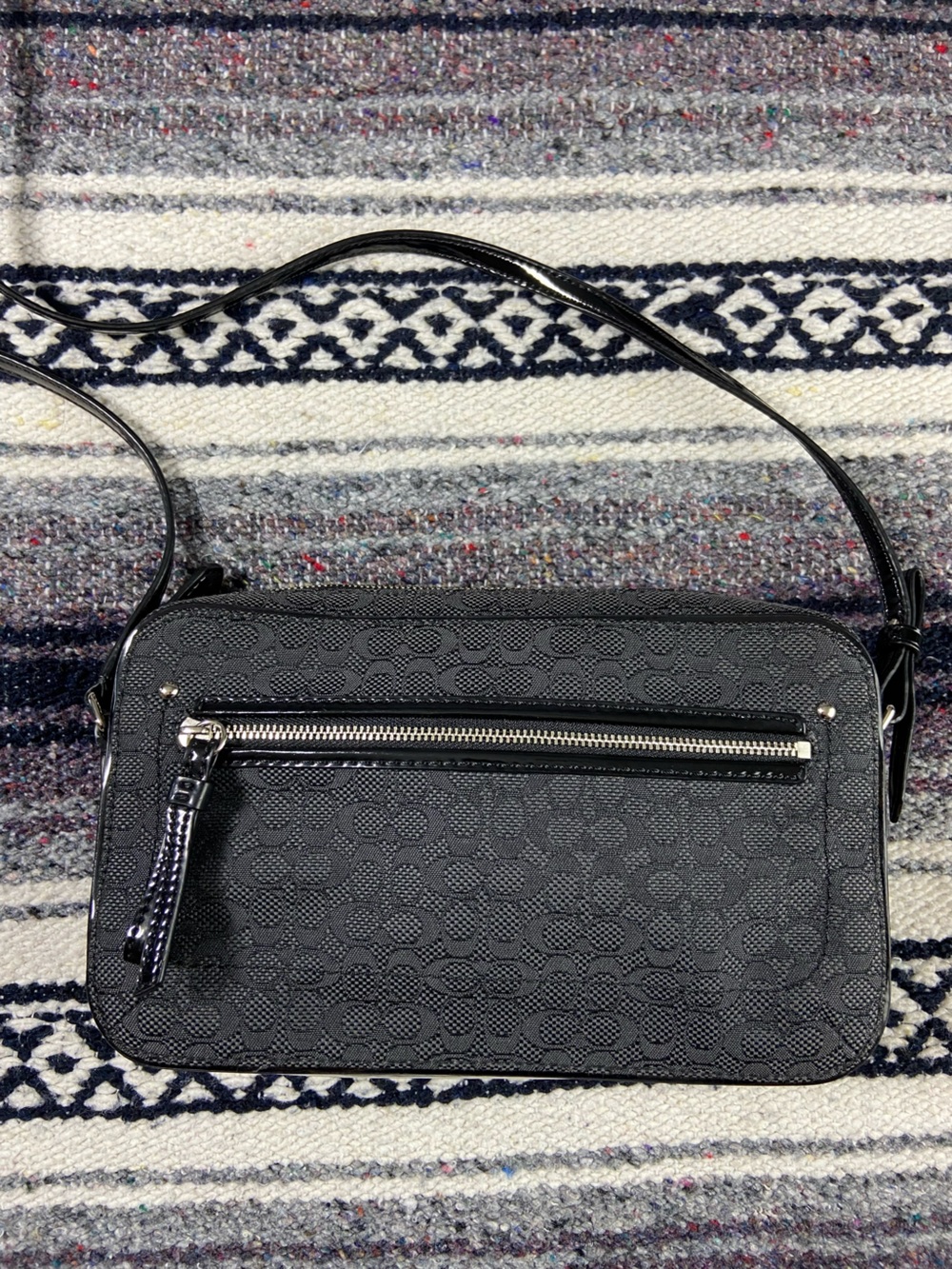 Coach Poppy Black Jacquard Signature Oxford Flight Camera Crossbody Bag Purse